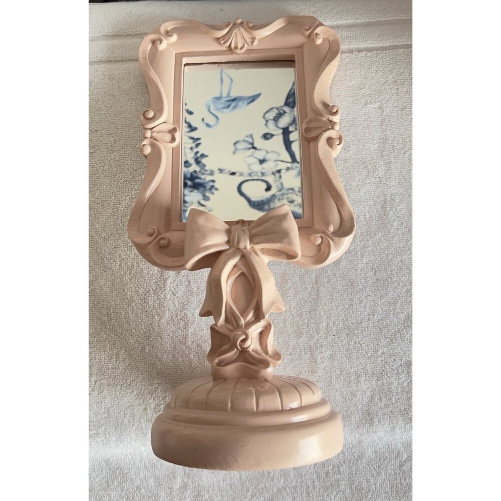 Tabletop Vanity Mirror Pink High Gloss Freestanding 13"H x 6.5"W Resin Bows CUTE - Picture 3 of 7